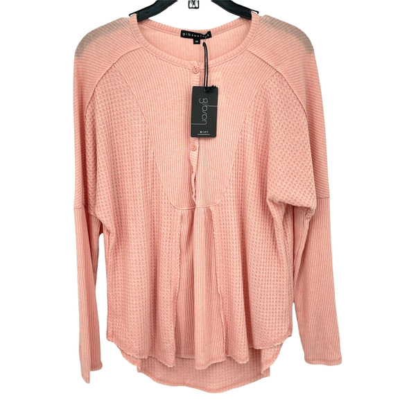 Gibsonlook Mixed Rib Waffle Knit Henley Long Sleeve Blush Pink SizeXS - Picture 2 of 9